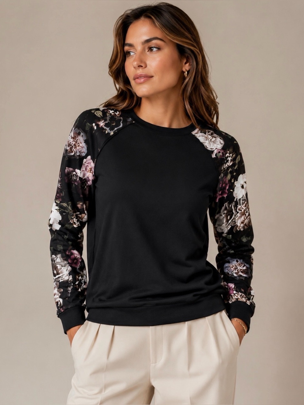 APRICOT Black Pullover with Floral Raglan Sleeves